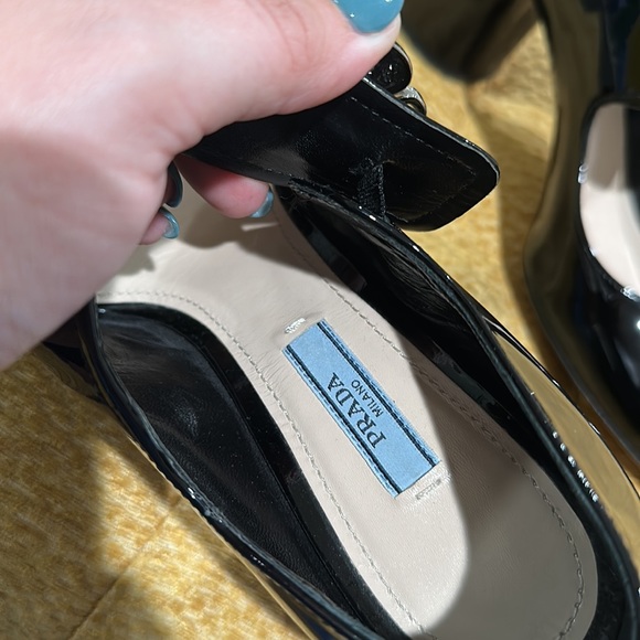 Prada Glossy Leather Block Heels with Silver Flower - Picture 2 of 11